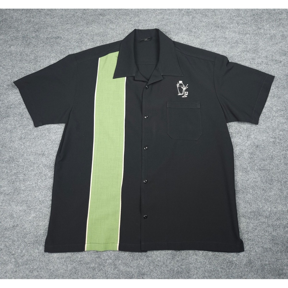 STEADY Shirt Mens Large Black TIKI Button Up Bowling Button Short Sleeve USA
